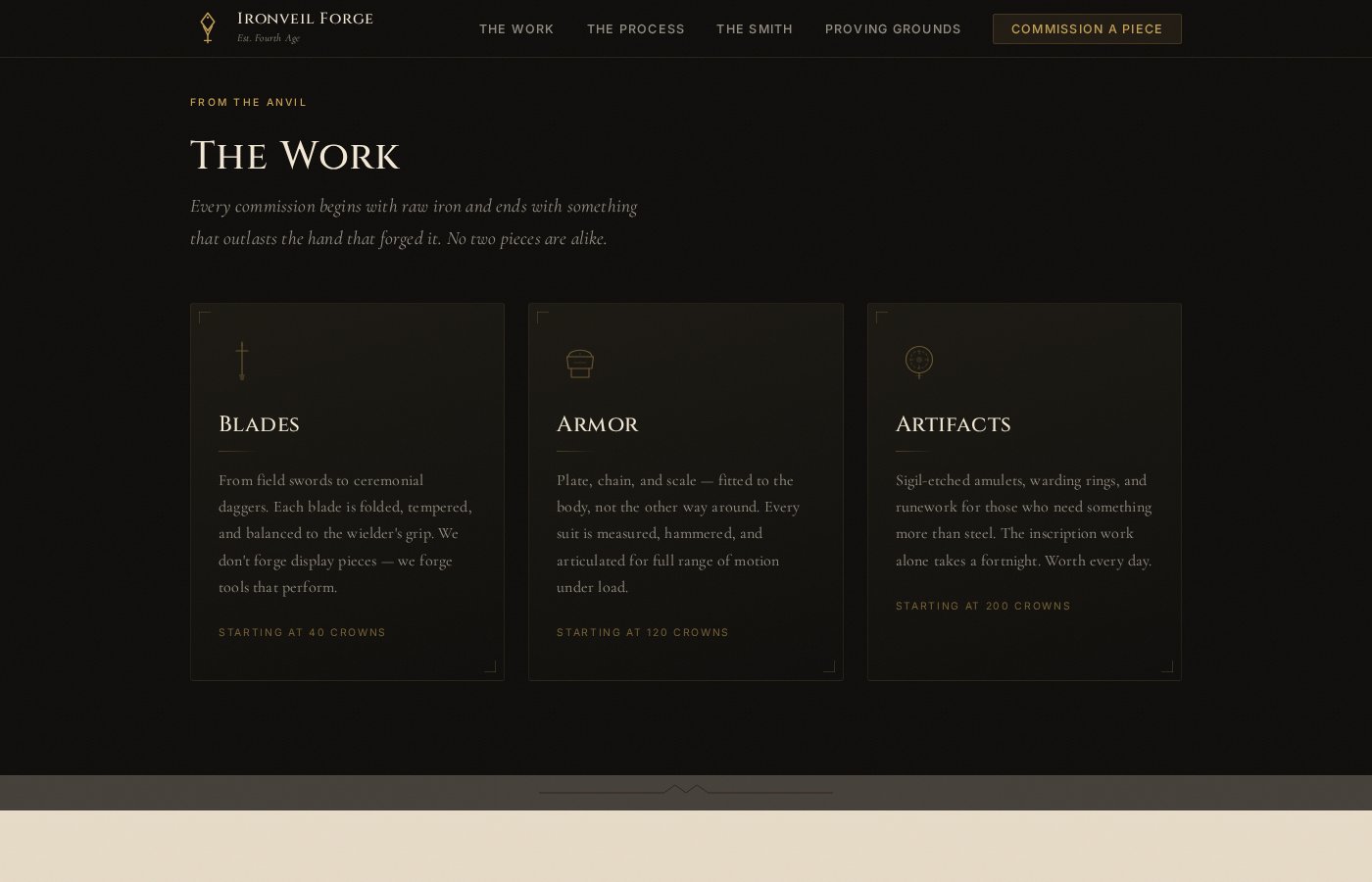 Ironveil Forge — the work section